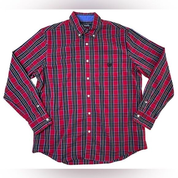 Chaps Easy Care Stretch Button Down Red Plaid Shirt sz LARGE - Picture 1 of 11